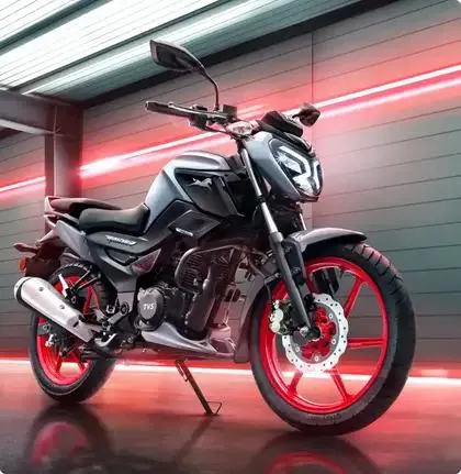 TVS Apache Motorcycle in Garage with Red Neon Lighting